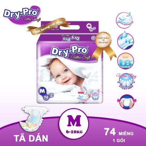  Combo Tã/bỉm dán Dry-Pro M74 (6kg-10kg)+ tặng 1 túi nước rửa bình sữa Pur 450ml 