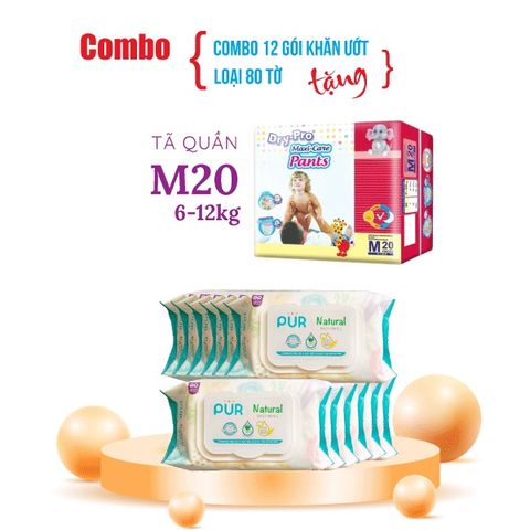  Combo 12 gói khăn giấy ướt Pur thành phần tự nhiên + Tặng 1 gói tã bỉm cho bé 