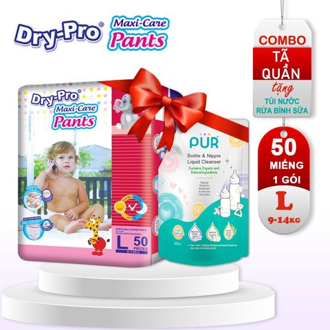  Combo tã/bỉm quần Dry-Pro L50 (9kg-14kg) + tặng Túi nước rửa bình sữa Pur 450ml 