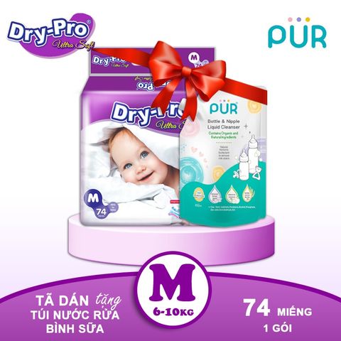  Combo Tã/bỉm dán Dry-Pro M74 (6kg-10kg)+ tặng 1 túi nước rửa bình sữa Pur 450ml 