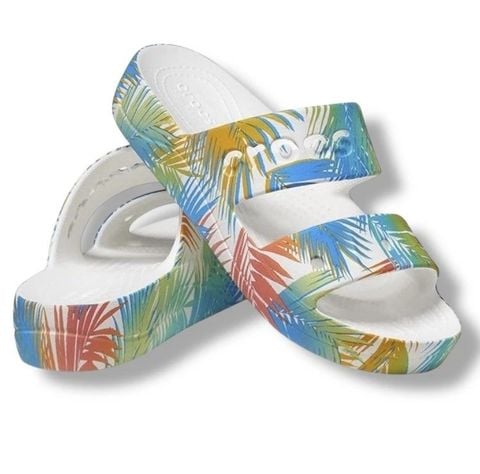 Crocs Baya Platform Slide Sandal – White Multi Color Leaves | Nàng thơ mùa hè
