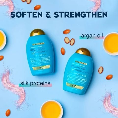 Dầu gội, xả cấp ẩm và phục hồi tóc hư tổn, giảm gãy rụng OGX Extra Strength Hydrate & Repair + Argan Oil of Morocco 385 mL