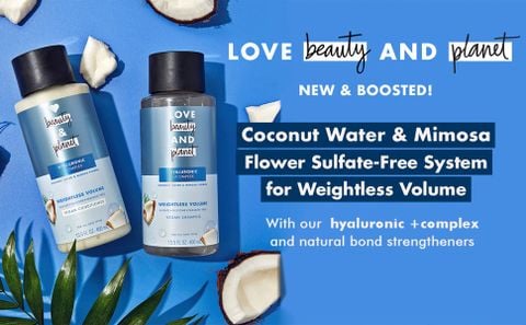 Dầu gội, dầu xả tăng cường độ dày, ẩm, mượt cho tóc mỏng Love beauty & planet Coconut Water & Mimosa Flower 400 mL Mỹ