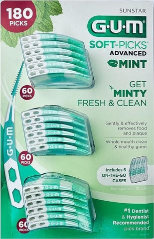[Mỹ] Tăm xỉa răng nha khoa siêu mềm sạch răng, mát xa nướu/ lợi hương bạc hà GUM SOFT PICKS MINT, vỉ 180 chiếc
