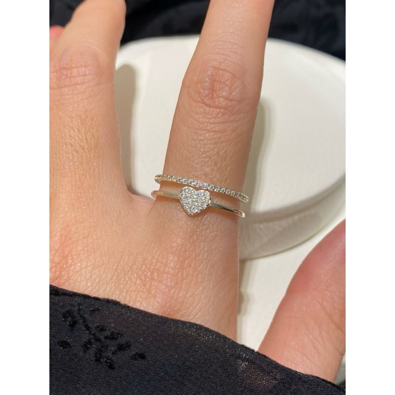 [ancafe.shop] Nhẫn, tim, đính đá, hai line xinh, bạc, nữ