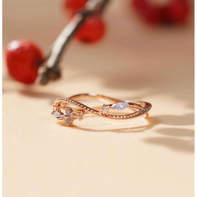 [ancafe.shop]Nhẫn nữ sóng line hoa xanh và bi dễ thương,đáng yêu