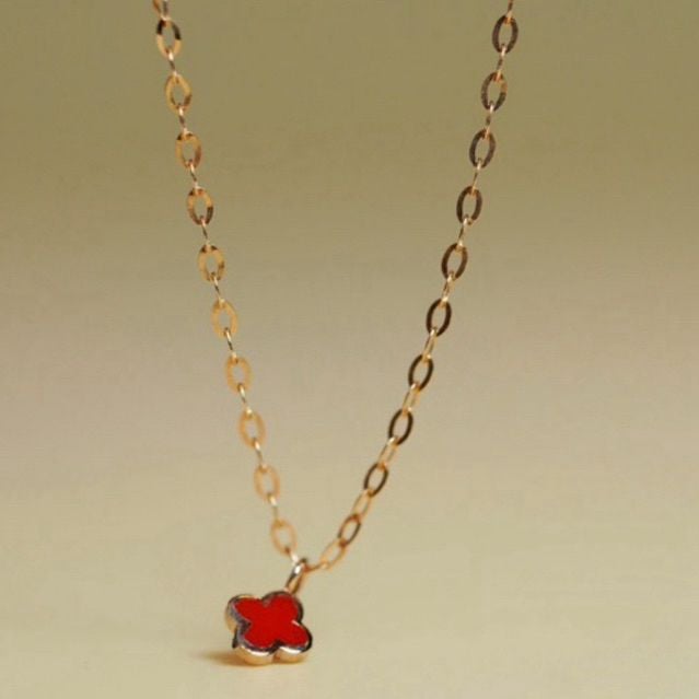 [ancafe.shop]Dây chuyền vàng 14k mặt hoa 4 lá đỏ may mắn