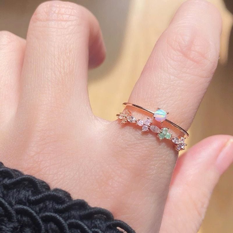 [ancafe.shop]Nhẫn hở hai line đá màu,hoa