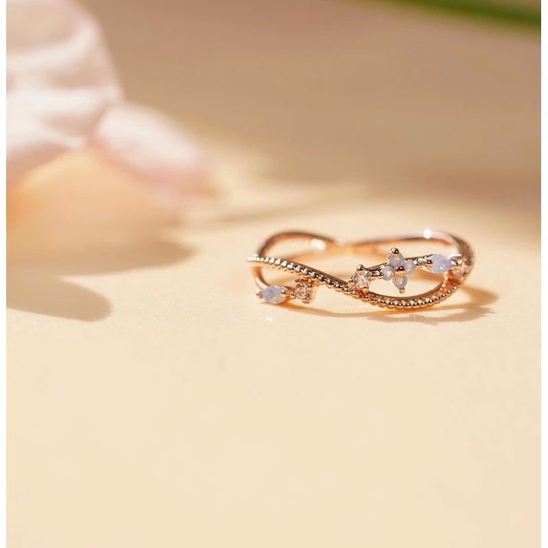 [ancafe.shop]Nhẫn nữ sóng line hoa xanh và bi dễ thương,đáng yêu