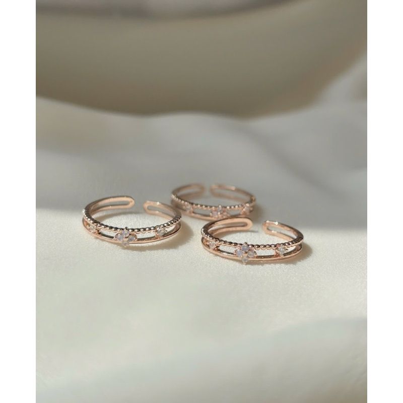 [ancafe.shop]Nhẫn nữ bạc 2 line freesize hoa 4 cánh thanh lịch