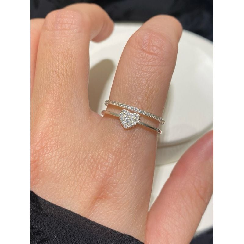 [ancafe.shop] Nhẫn, tim, đính đá, hai line xinh, bạc, nữ