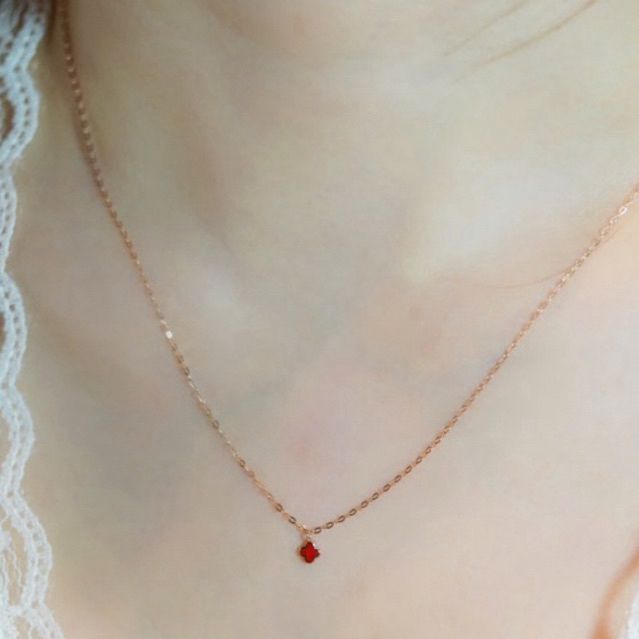 [ancafe.shop]Dây chuyền vàng 14k mặt hoa 4 lá đỏ may mắn