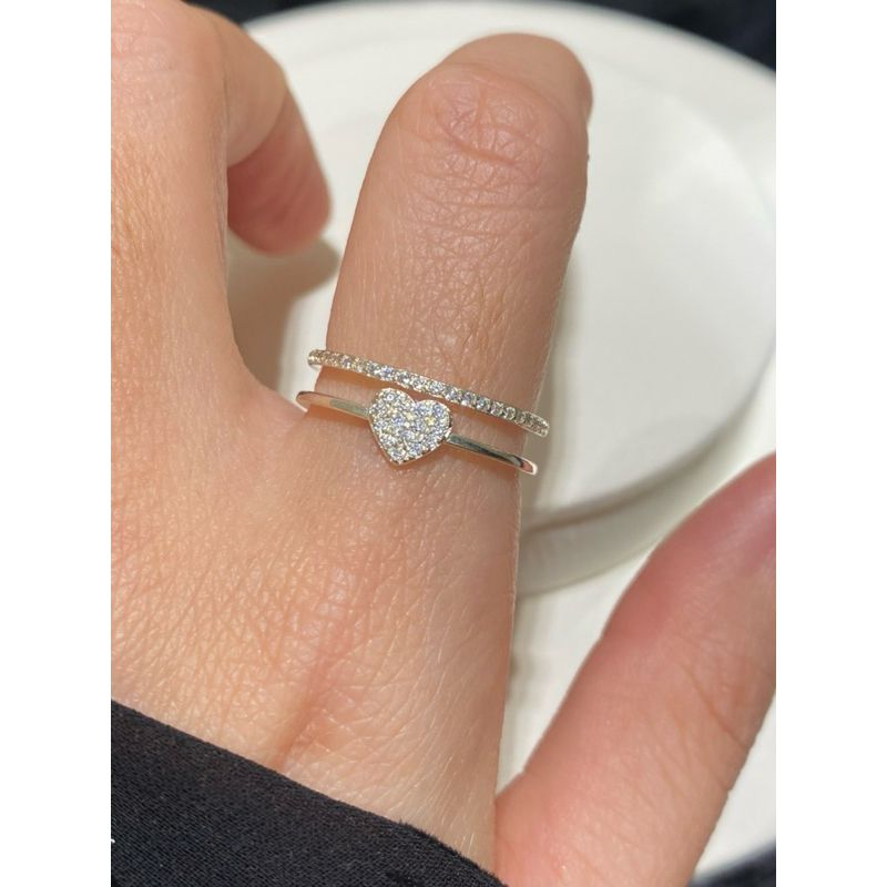 [ancafe.shop] Nhẫn, tim, đính đá, hai line xinh, bạc, nữ