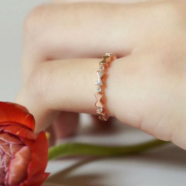 [ancafe.shop]Nhẫn bạc nữ-nơ xen kẽ,thanh lịch,ngón út