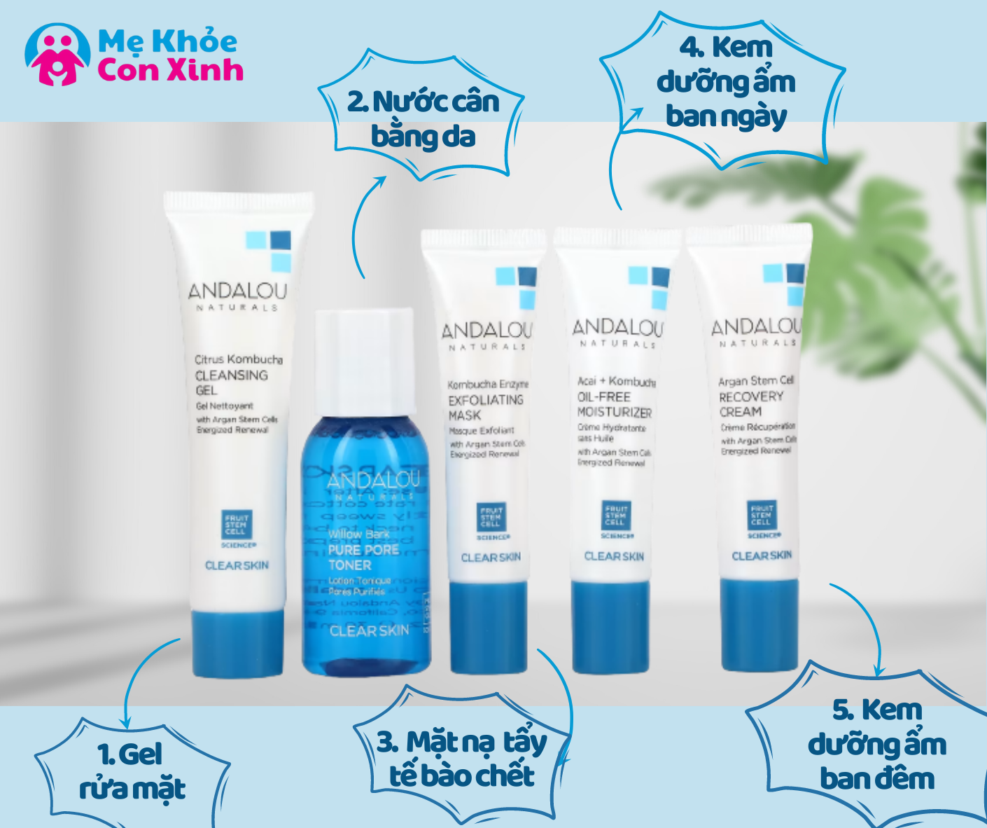 Kit 5 Sản Phẩm Chăm Sóc Cho Da Dầu Andalou Naturals Clear Skin Get Started