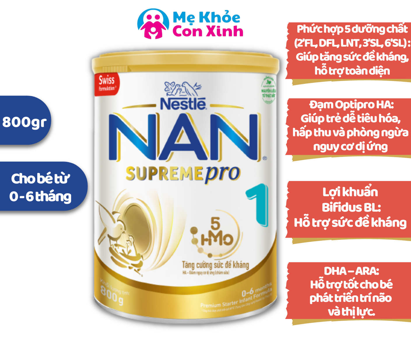 Sữa Bột Nan SupremePro Số 1 800g (Cho Bé 0 - 6 tháng) Mẹ Khỏe Con Xinh