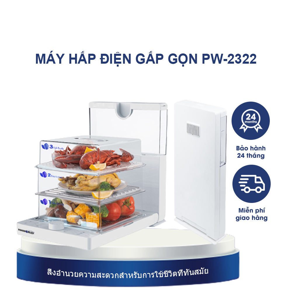 Máy Hấp Điện Thực Phẩm Đa Năng Gấp Gọn 3 Tầng  Panworld Thái Lan PW-2322 Bảng Điều Khiển Cơ