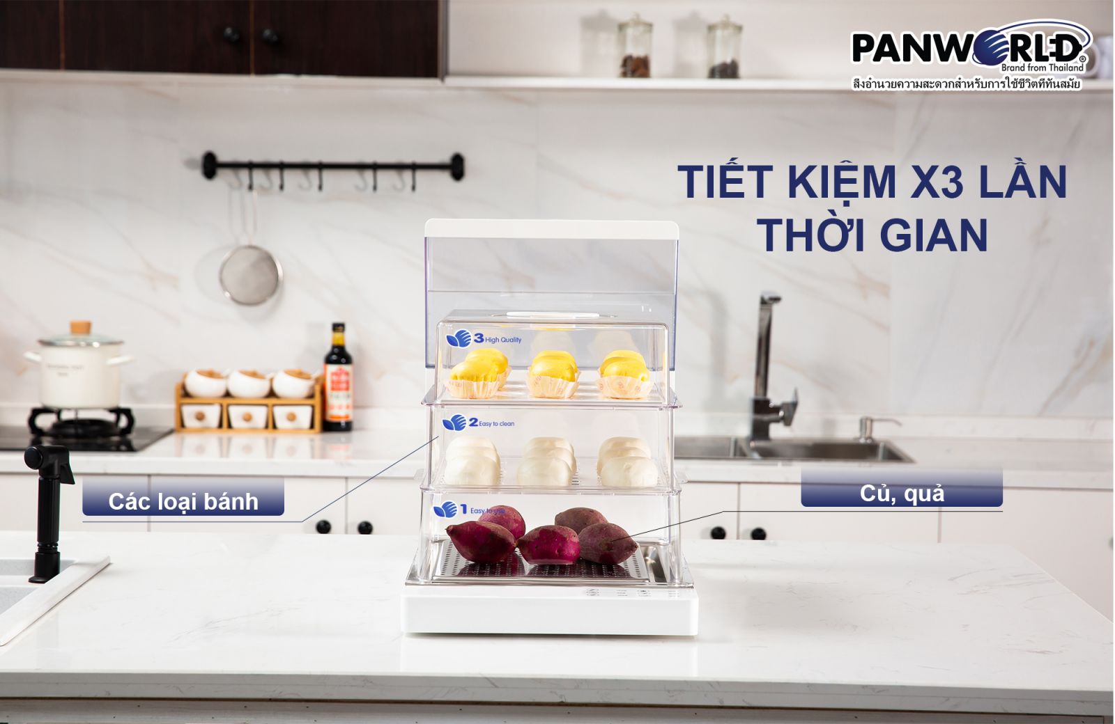 Máy Hấp Điện Thực Phẩm Đa Năng Gấp Gọn 3 Tầng  Panworld Thái Lan PW-2322 Bảng Điều Khiển Cơ