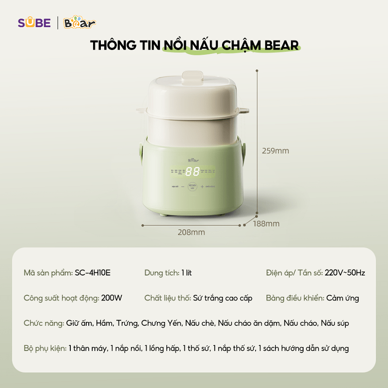 Nồi nấu chậm Bear SC-4H10E (1 lít) - có xửng