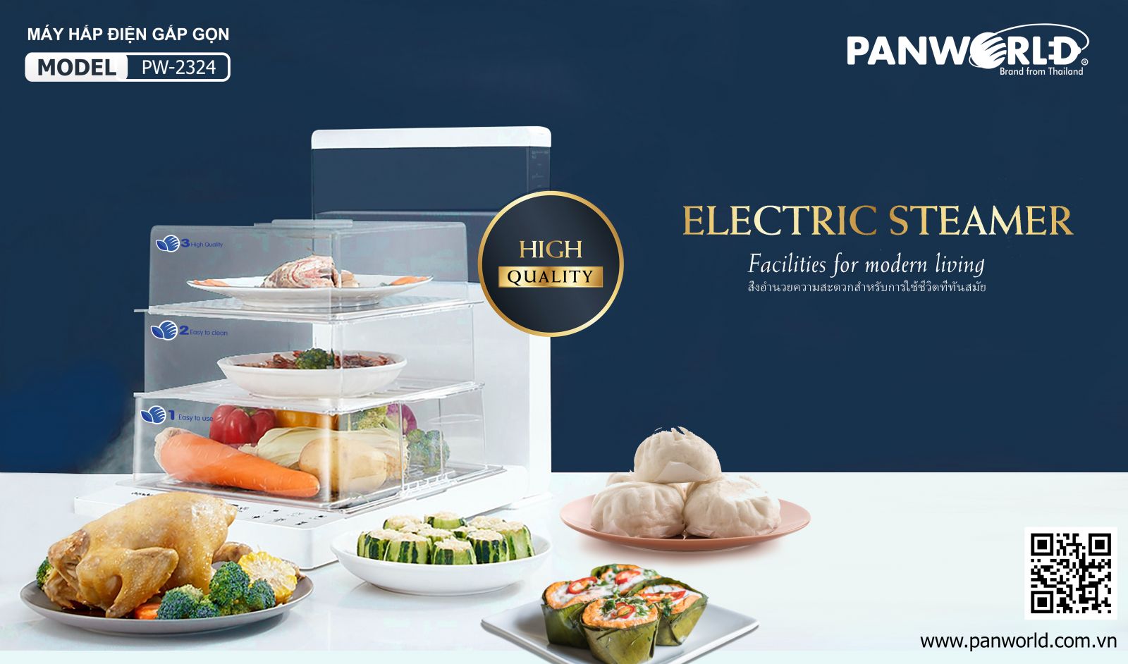 Máy Hấp Điện Thực Phẩm Đa Năng Gấp Gọn 3 Tầng  Panworld Thái Lan PW-2324 Bảng Điều Khiển Điện Tử