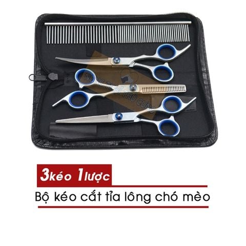  Bộ Kéo Cắt Tỉa Lông Chó Mèo 4 Món + Bao Da Đưng (3 Kéo + 1 Lược) 
