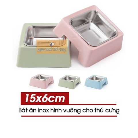  Bát Ăn Inox Hình Vuông Cho Chó Mèo 15x6 (cm) 