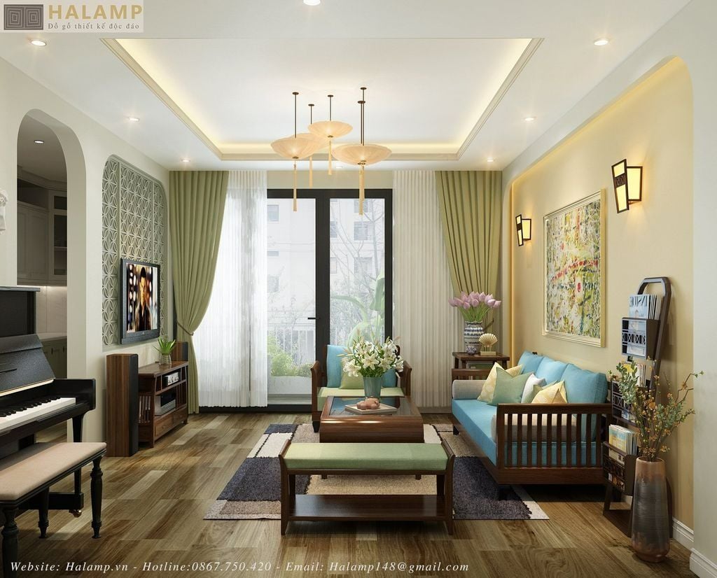  Bàn ghế sofa gỗ phòng khách hiện đại Halamp SF005 