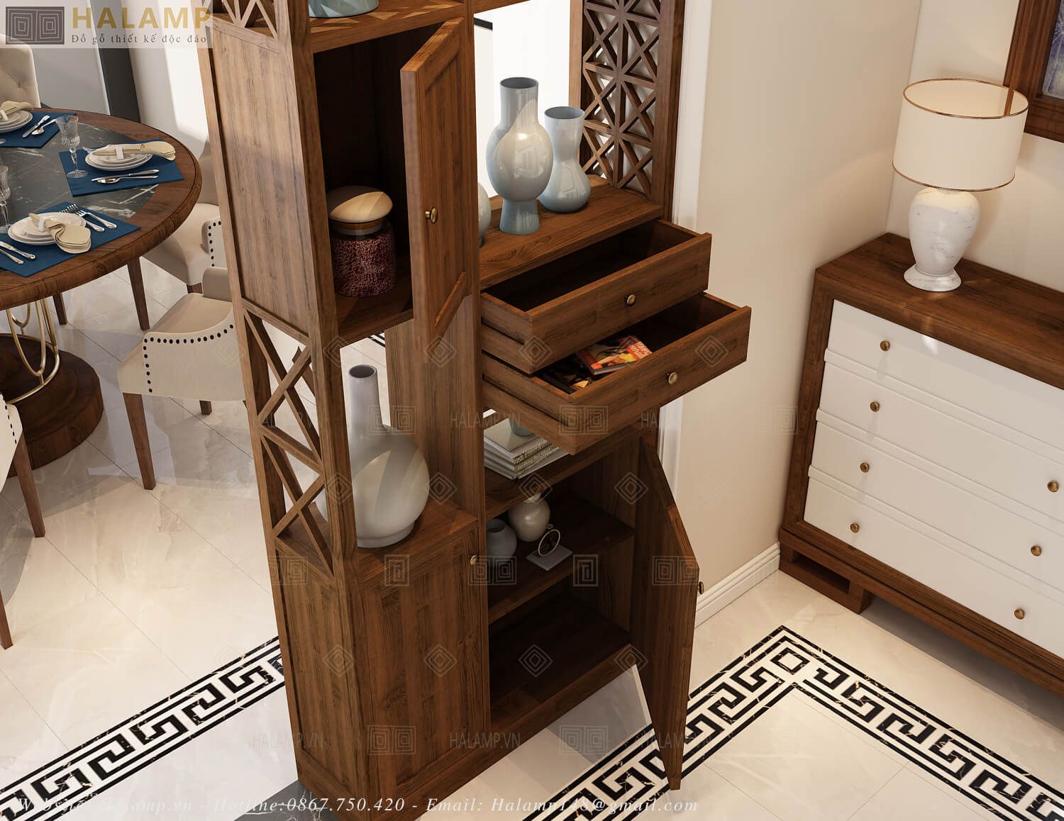  Tủ trang trí kết hợp vách bình phong Halamp TT004 