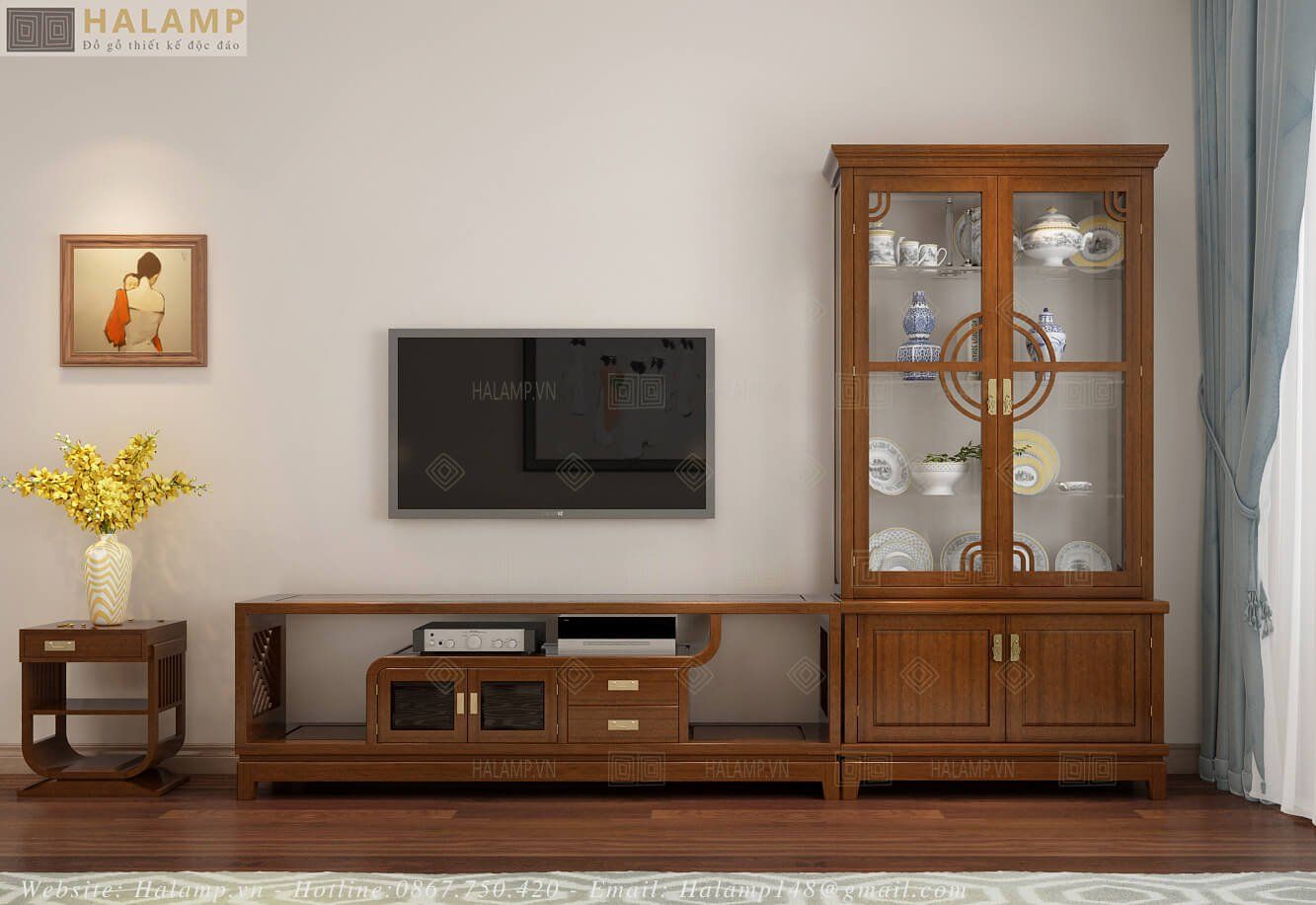  Kệ ti vi kết hợp tủ trang trí gỗ tự nhiên Halamp 1TT014 