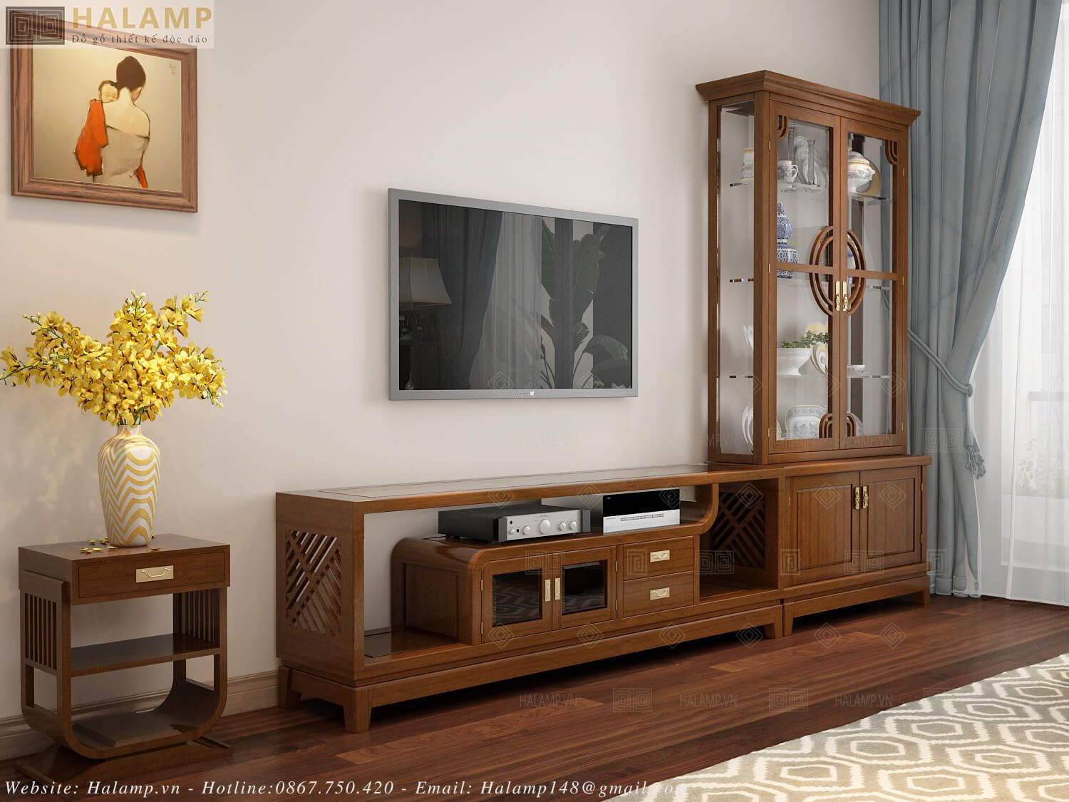  Kệ ti vi kết hợp tủ trang trí gỗ tự nhiên Halamp 1TT014 