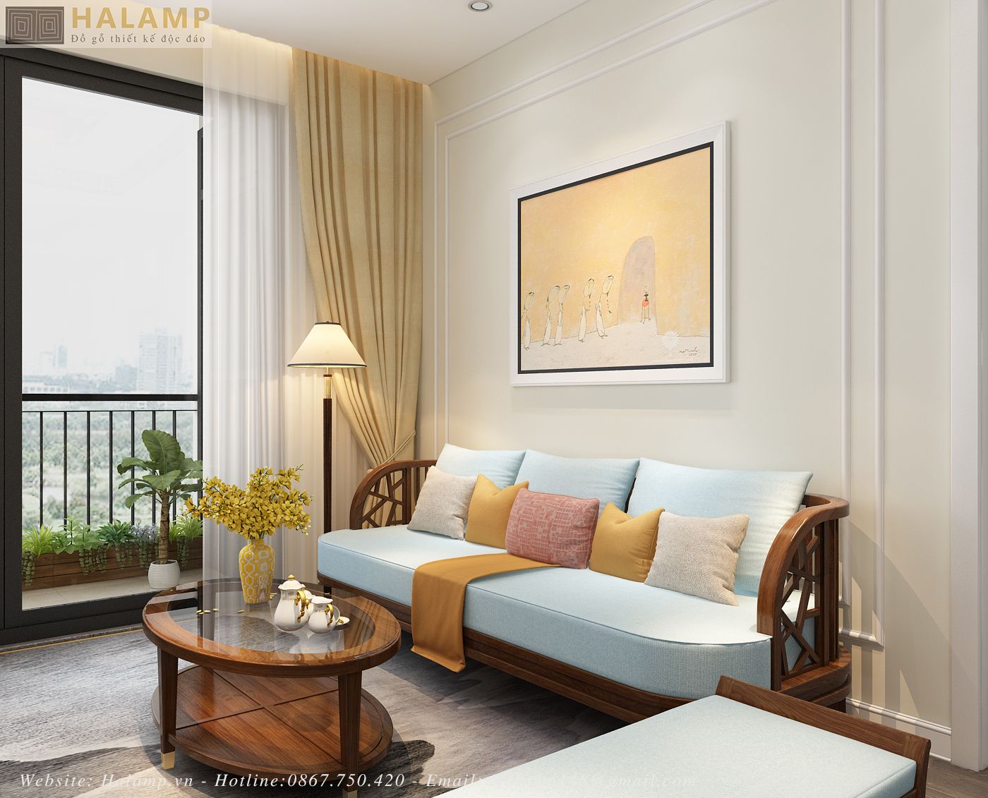  sofa gỗ cho phòng khách chung cư nhỏ Halamp SF010 
