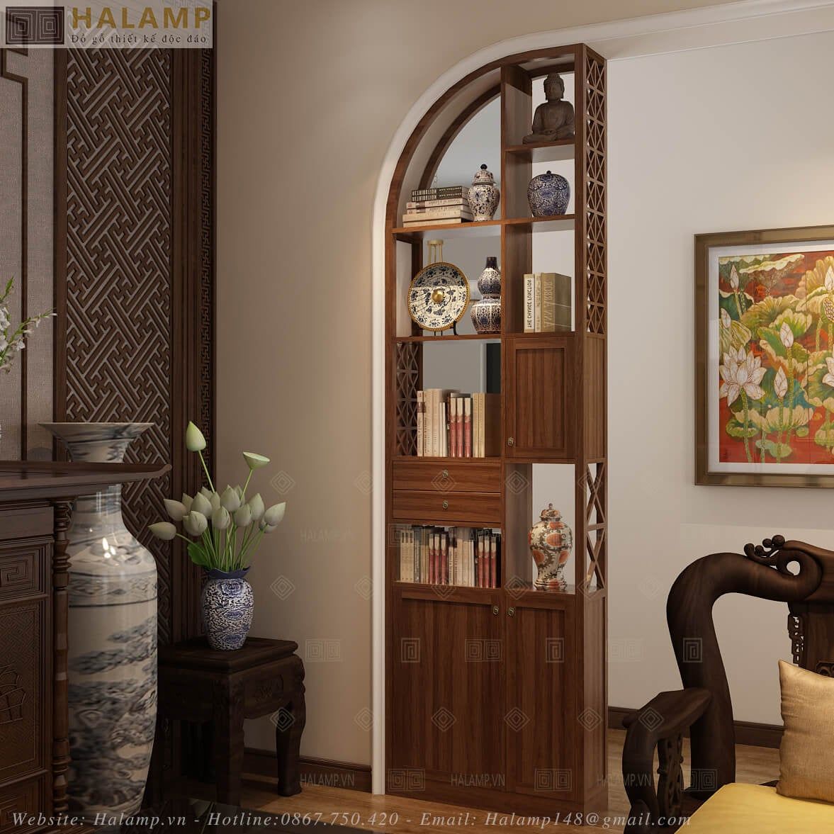  Tủ trang trí kết hợp vách bình phong Halamp TT004 