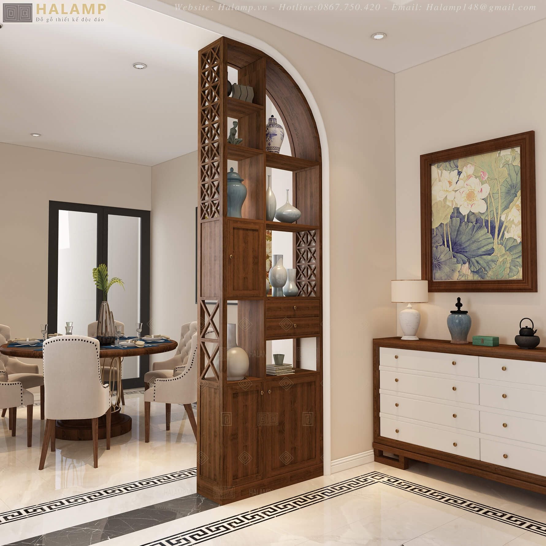  Tủ trang trí kết hợp vách bình phong Halamp TT004 