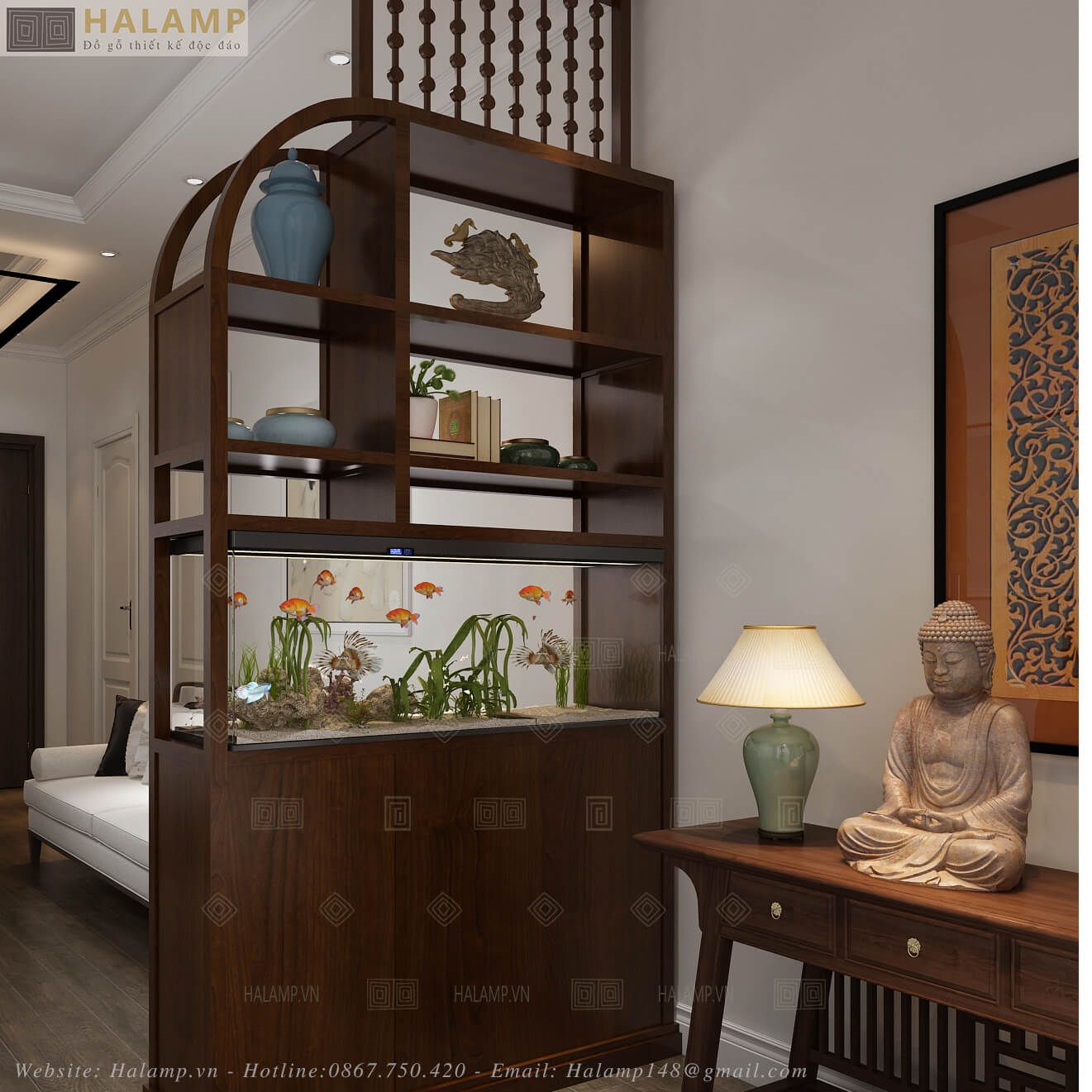  Tủ trang trí ngăn phòng kết hợp để bể cá Halamp TT009 