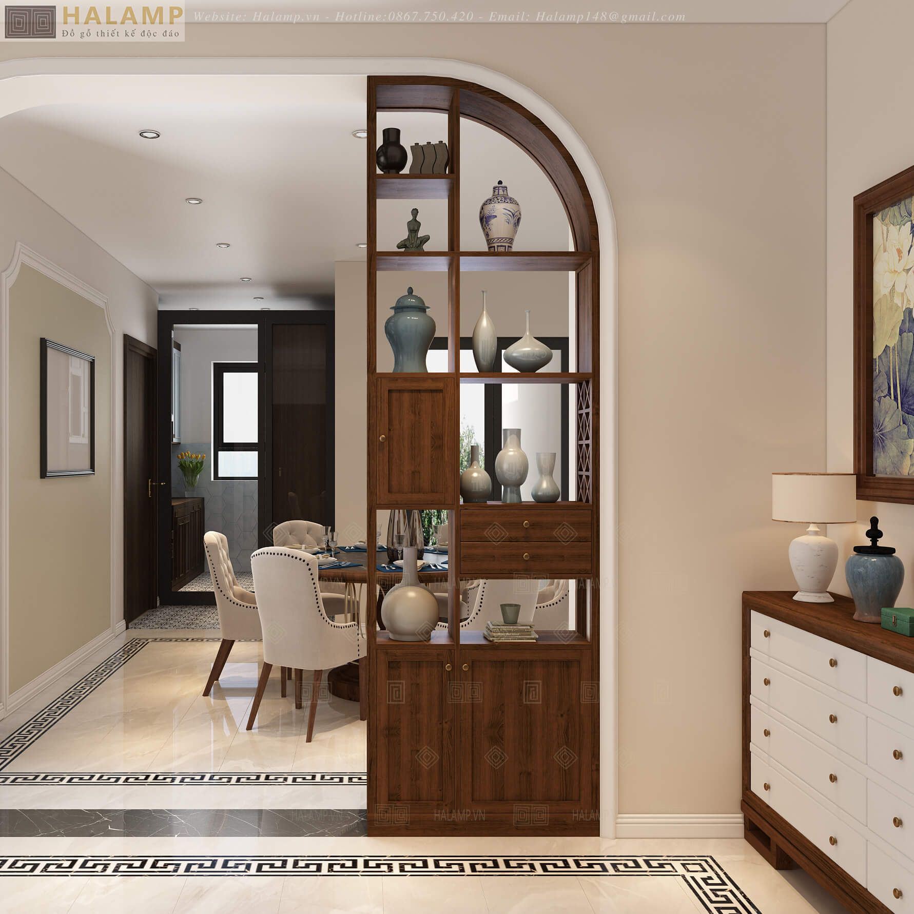  Tủ trang trí kết hợp vách bình phong Halamp TT004 