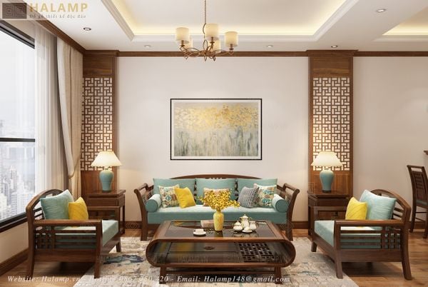  Sofa chân cong gỗ tự nhiên SF014 phù hợp với phòng khách rộng 
