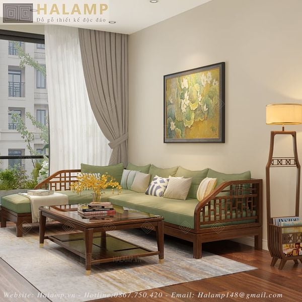  Sofa góc gỗ tự nhiên dành cho phòng khách nhỏ SF012 