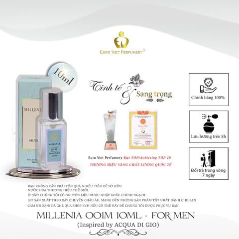  Nước Hoa Nam Cao Cấp MILLENIA 001M Nam Tính, Tinh Tế, Tươi Mát Lưu Hương 7-12 Tiếng 10ml 