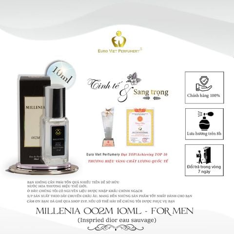  Nước Hoa Nam MILLENIA 002M Nam Tính, Mạnh Mẽ, Cuốn Hút Eau De Parfum Lưu Hương 7-12 Tiếng 10ml 