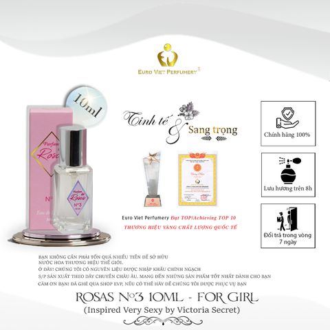  Nước Hoa Nữ Cao Cấp ROSAS No.3 Quyến Rũ, Ngọt Ngào, Nóng Bỏng Lưu Hương 7-12 Tiếng 10ml 