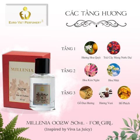  Nước Hoa Nữ Cao Cấp MILLENIA 002W Nữ Tính, Ngọt Ngào, Trẻ Trung Eau De Parfum Lưu Hương 7-12 tiếng 50ml 