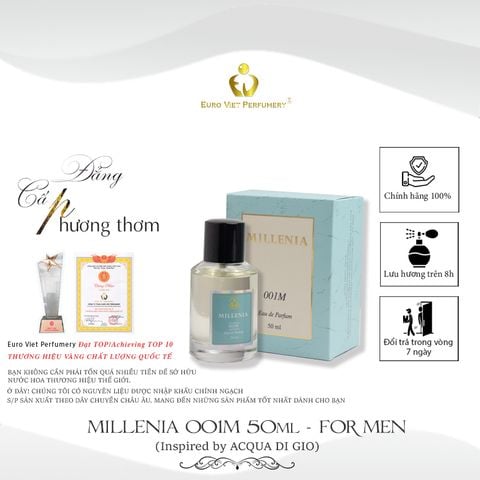  Nước Hoa Nam Cao Cấp MILLENIA 001M Nam Tính, Tinh Tế, Tươi Mát Lưu Hương 7-12 Tiếng 50ml 