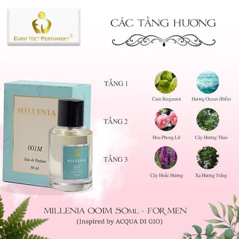  Nước Hoa Nam Cao Cấp MILLENIA 001M Nam Tính, Tinh Tế, Tươi Mát Lưu Hương 7-12 Tiếng 50ml 