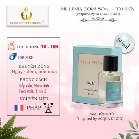  Nước Hoa Nam Cao Cấp MILLENIA 001M Nam Tính, Tinh Tế, Tươi Mát Lưu Hương 7-12 Tiếng 50ml 