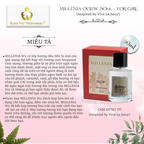  Nước Hoa Nữ Cao Cấp MILLENIA 002W Nữ Tính, Ngọt Ngào, Trẻ Trung Eau De Parfum Lưu Hương 7-12 tiếng 50ml 