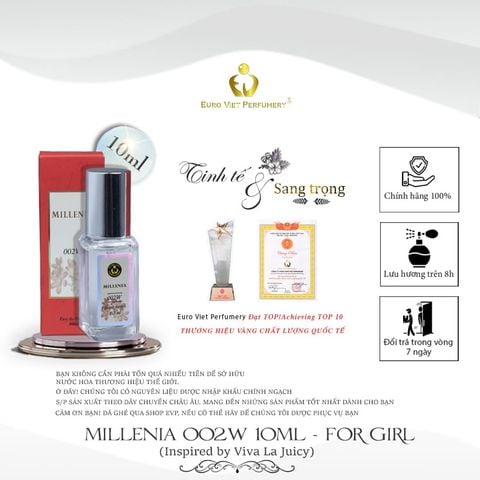  Nước Hoa Nữ Cao Cấp MILLENIA 002W Nữ Tính, Ngọt Ngào, Trẻ Trung Eau De Parfum Lưu Hương 7-12 tiếng 10ml 