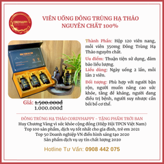 Viên Uống Đông Trùng Hạ Thảo Nguyên Chất 100% CordyHappy - Hộp 40 Viên