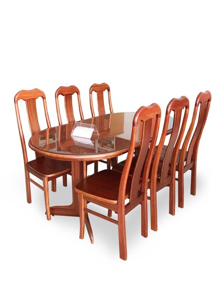  BỘ BÀN ĂN OVAL 1M6 + 6 GHẾ ĐẦU BÒ 