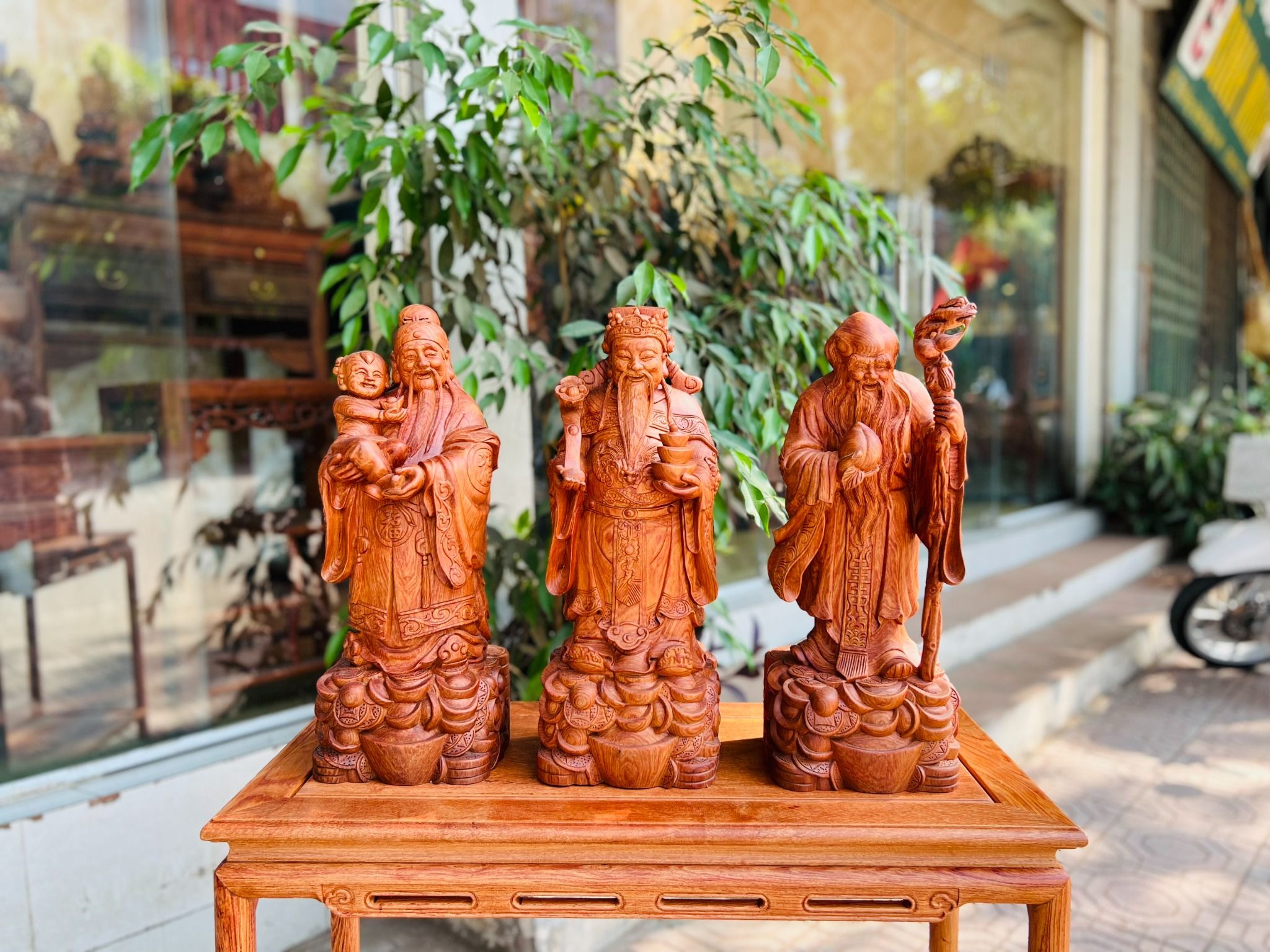  Tượng Bộ Tam Đa Phúc Lộc Thọ Gỗ Hương Nhập Nguyên Khối 