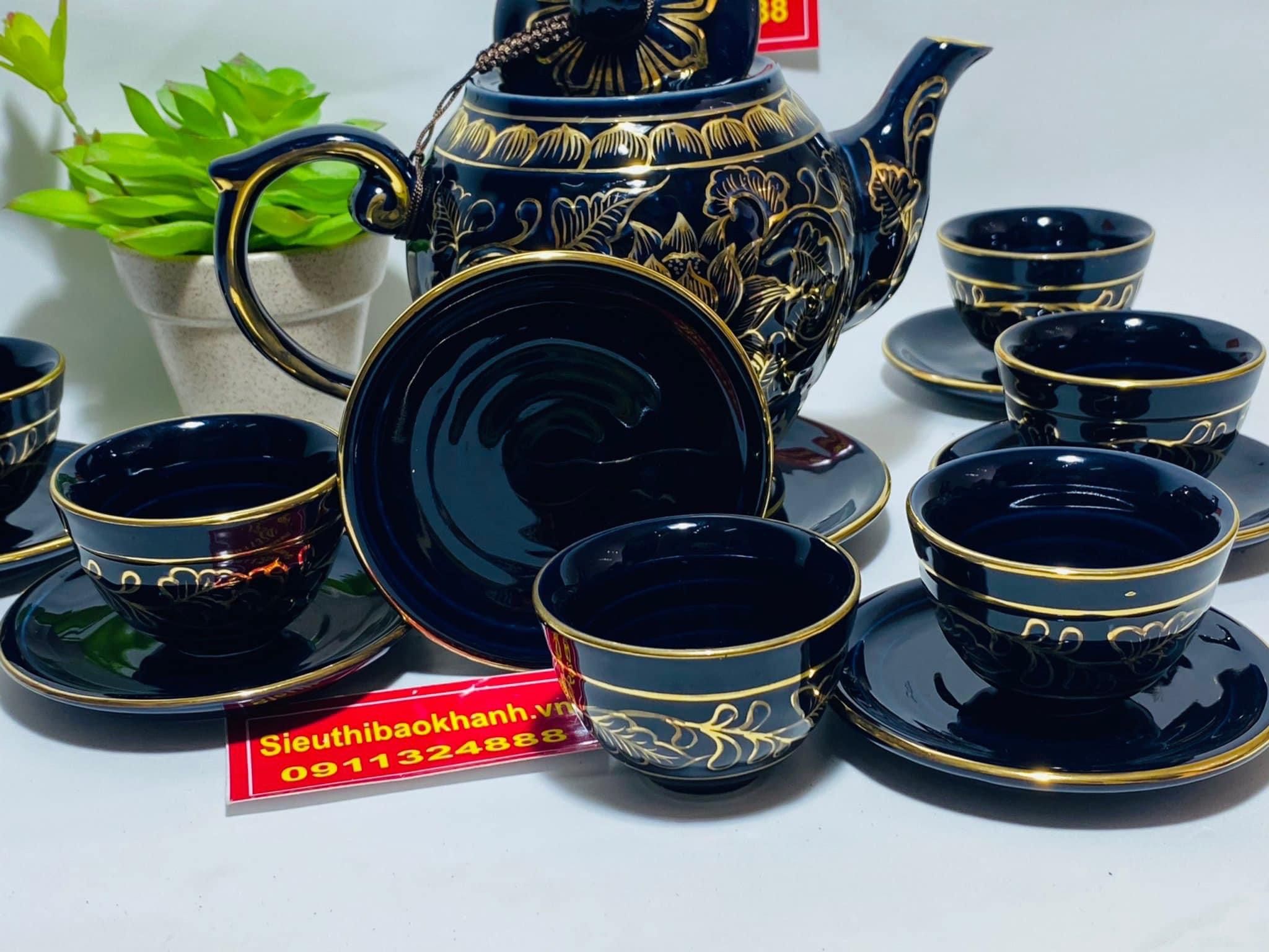  Bộ Ấm Chén Vinh Hoa Phú Quý Họa Xanh Cổ Vịt Tiết Hoa Sen Cao Cấp 